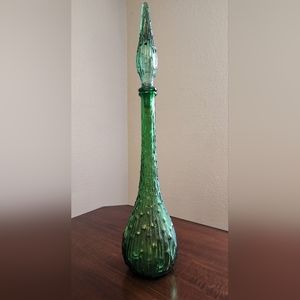 Vintage Italian Empoli Green Bottle Art Glass with Original Stopper- Has Chip